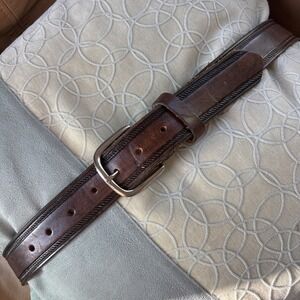 Tandy Mens Leather Belt Brown Tooled Embossed Silver Buckle 1.25"W 43" Length